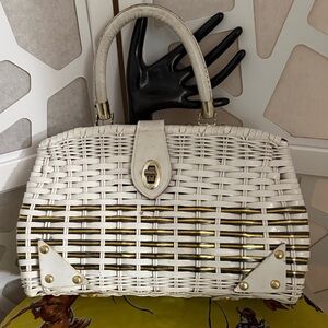 Vintage White and Gold Wicker Handbag